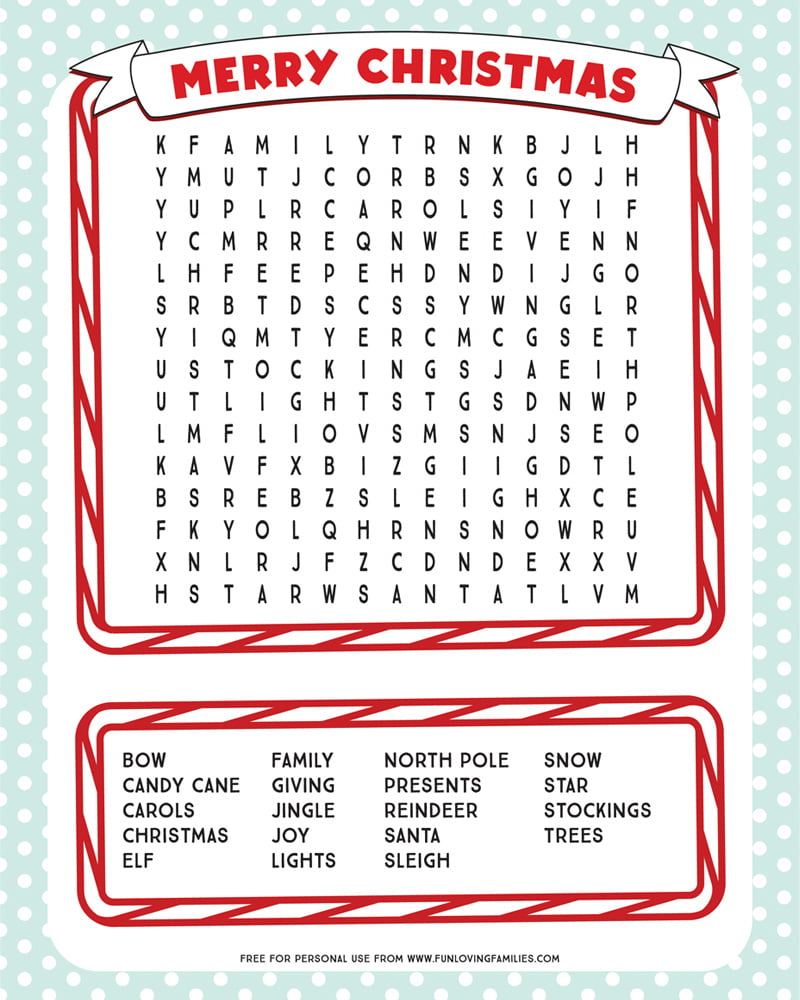 printable christmas word search - fun loving families